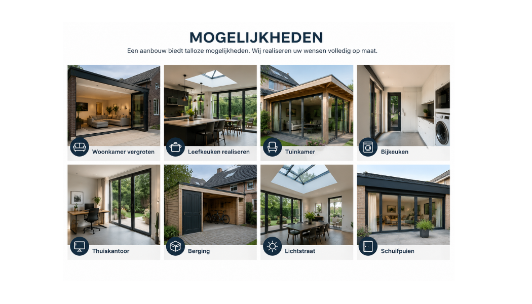 Aanbouw Overzicht van verschillende mogelijkheden voor een aanbouw op maat, zoals een leefkeuken, tuinkamer, thuiskantoor, berging en woonkameruitbreiding.