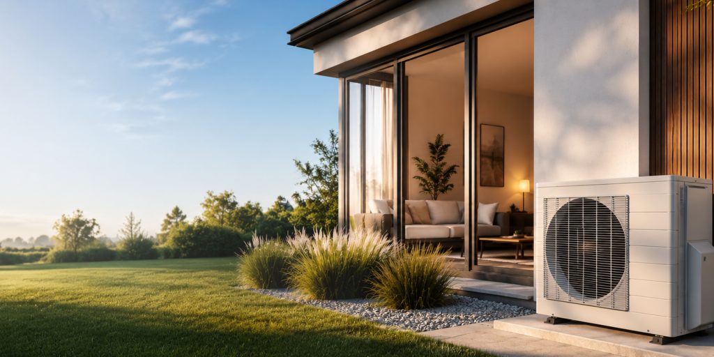 Moderne woning met een energiezuinige warmtepomp buiten en een comfortabel interieur, geschikt voor duurzaam verwarmen en koelen met een airco of warmtepomp