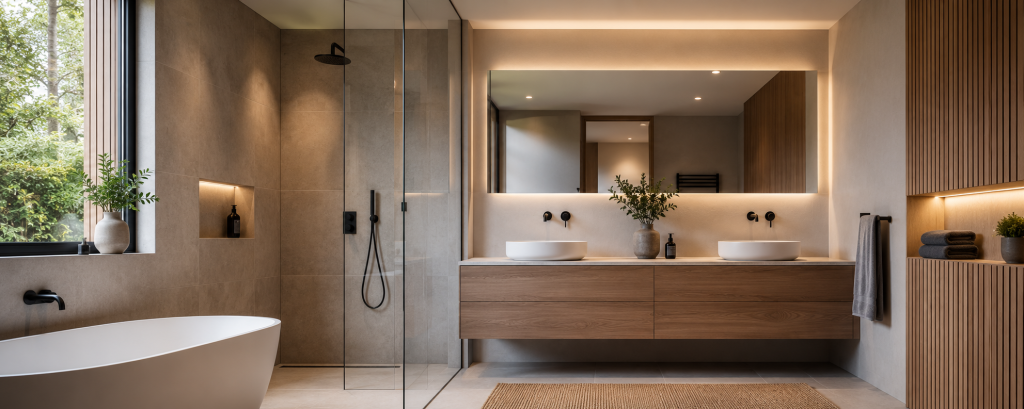Luxe moderne badkamer met een vrijstaand ligbad, inloopdouche, dubbele wastafel en stijlvolle houten accenten.