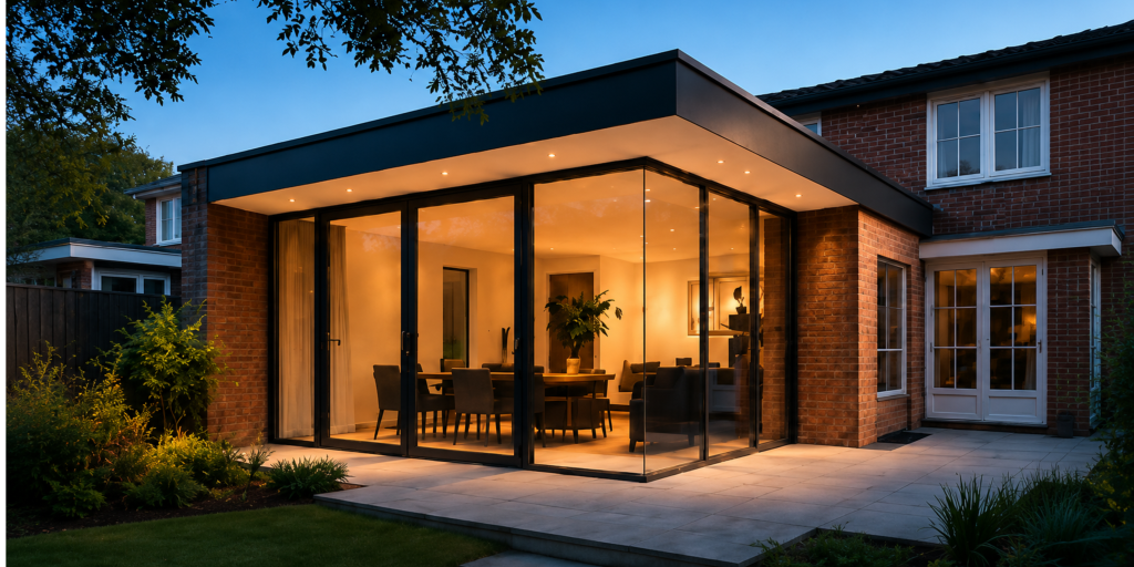 Aanbouw Moderne aanbouw met veel daglicht en glazen gevel aan bestaande woning.